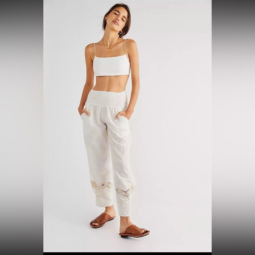 Free People CLEMENTINE Smocked Embroidered Trousers